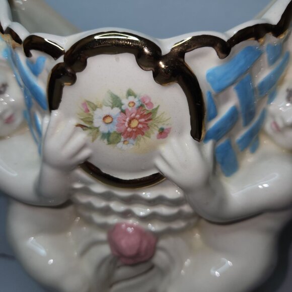 Ceramic Cherub Planter Vase with Gold Accents & Delicate Floral Design - Picture 4 of 8